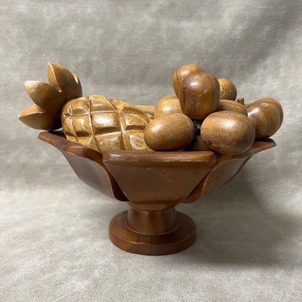 Vintage 10" Hand Carved Folk Art Daisy Flower Decorative Solid Wood Bowl & Fruit